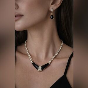 Vintage Trifari Black Enamel & Rhinestone Necklace Earring SET, Adjustable